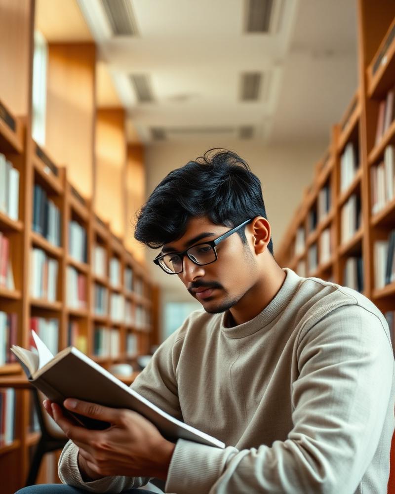 A focused student reading in a modern library